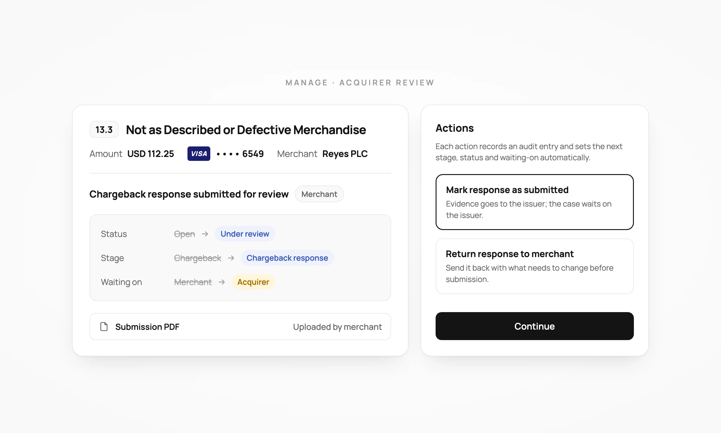 A merchant's chargeback response waiting on acquirer review, with actions to submit it to the issuer or return it to the merchant